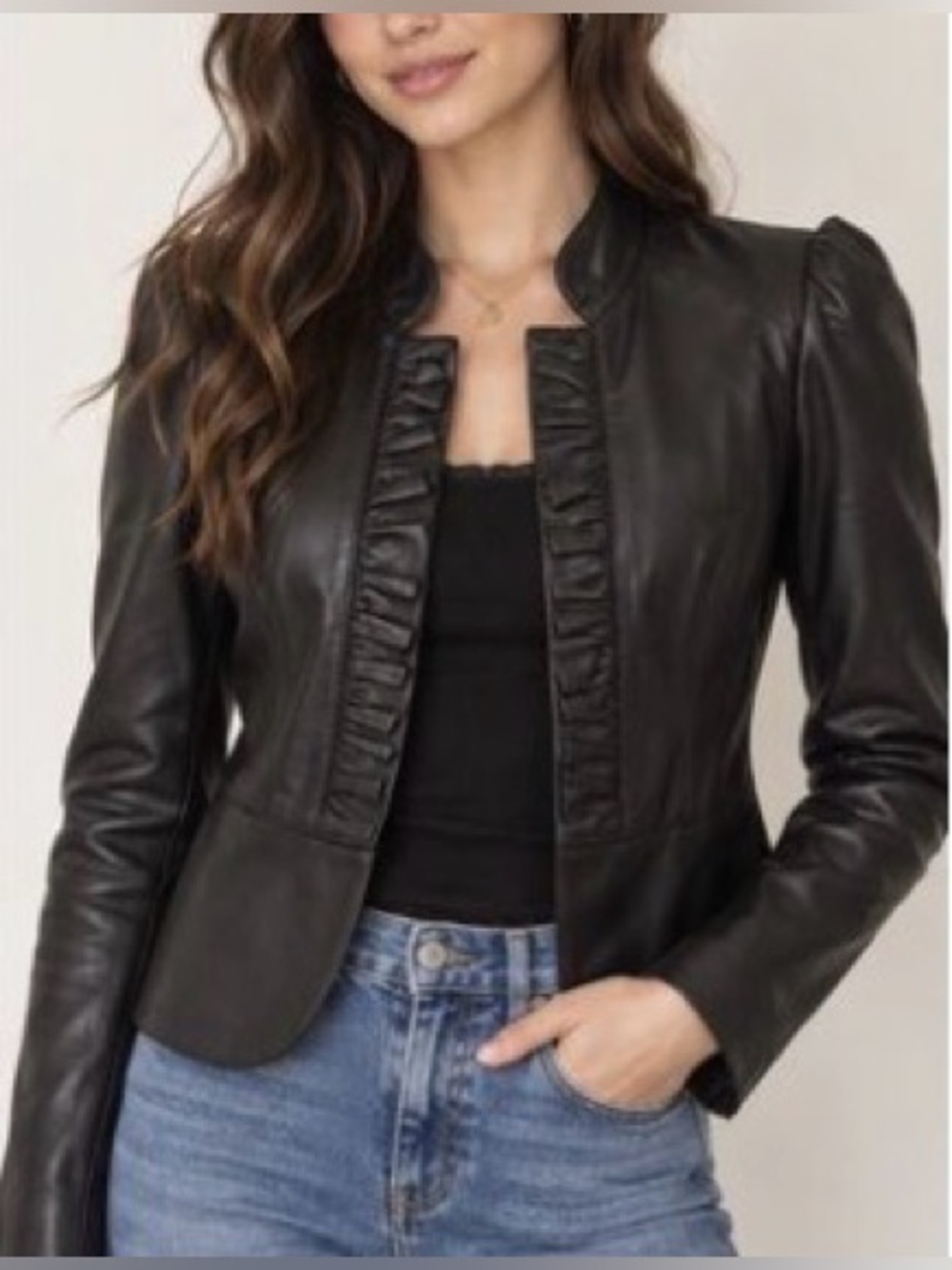 White House Black Market Black Leather Ruffle-Front Jacket Size Small